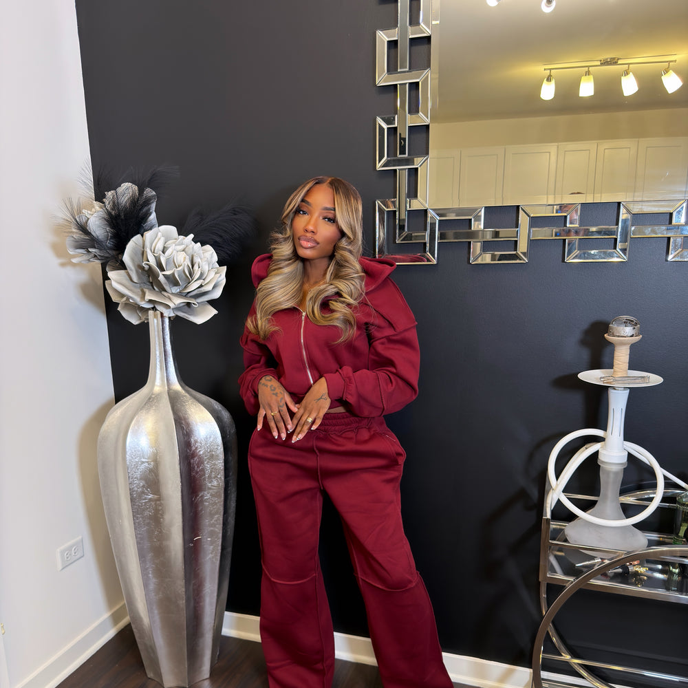 burgundy chic wide leg Jogger Set