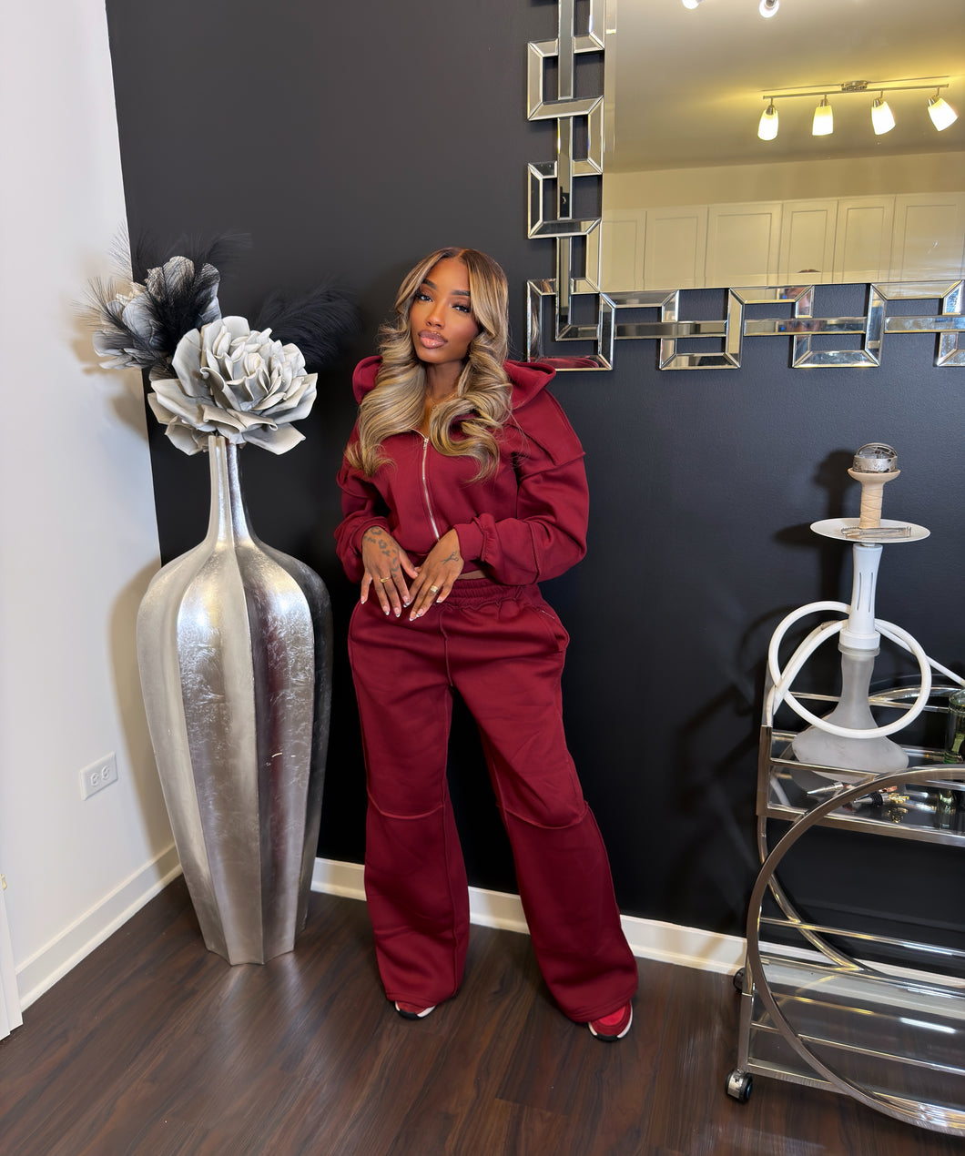 burgundy chic wide leg Jogger Set